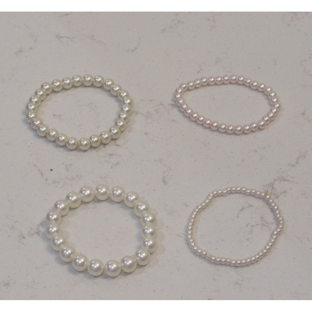 Set of 4 Faux Pearl Stretch Bracelets Cream White Beaded Jewelry Bundle Twins